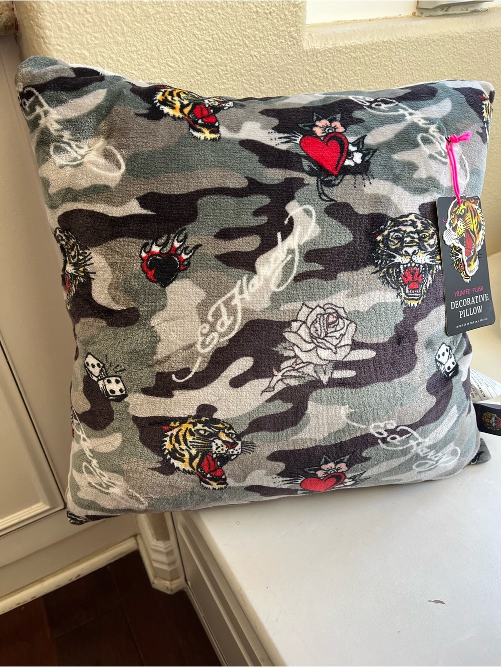 Ed Hardy Gray Camo Decorative Pillow with Red Heart, Tiger, Dice, Rose